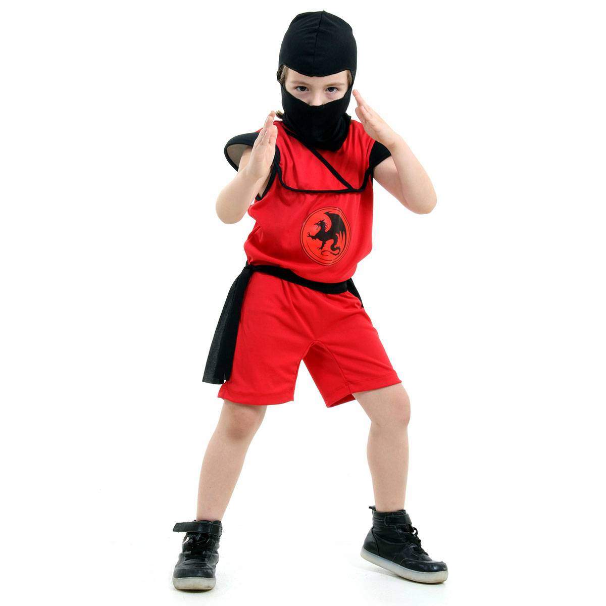 Fantasia Ninja Preto e Vermelho Infantil Luxo com Músculos - Extra